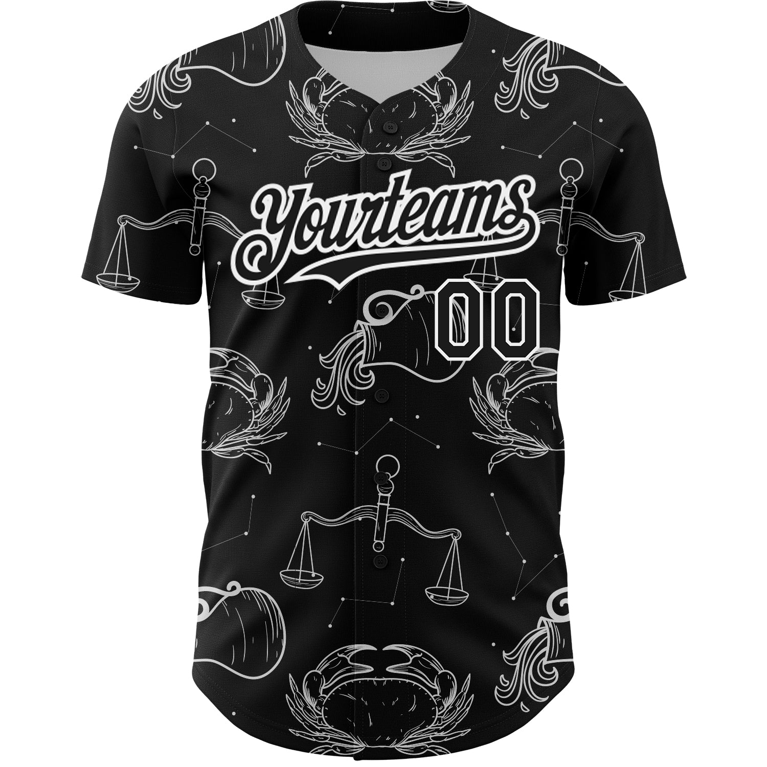 Custom Black White 3D Pattern Design Zodiac Authentic Baseball Jersey view 2