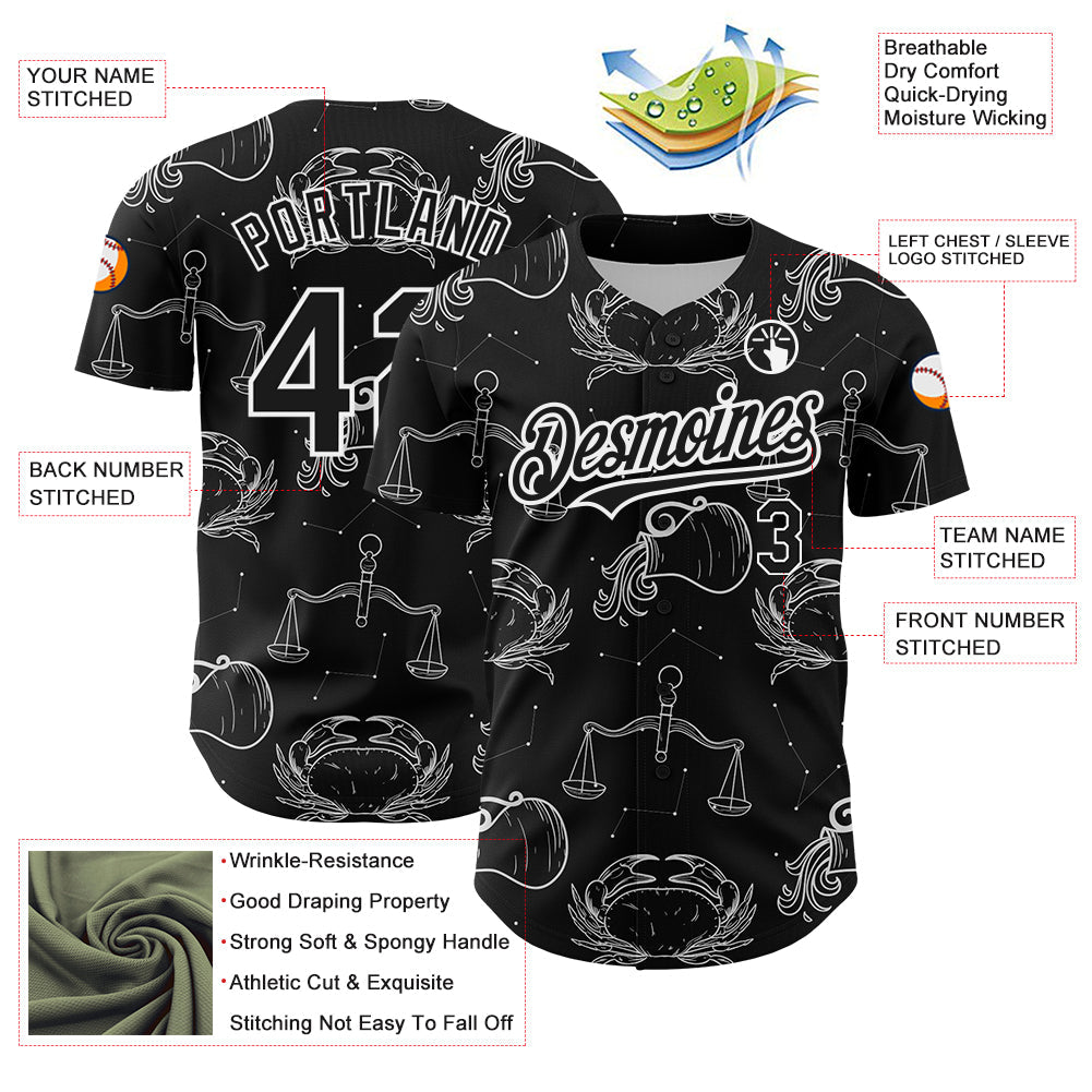 Custom Black White 3D Pattern Design Zodiac Authentic Baseball Jersey view 3