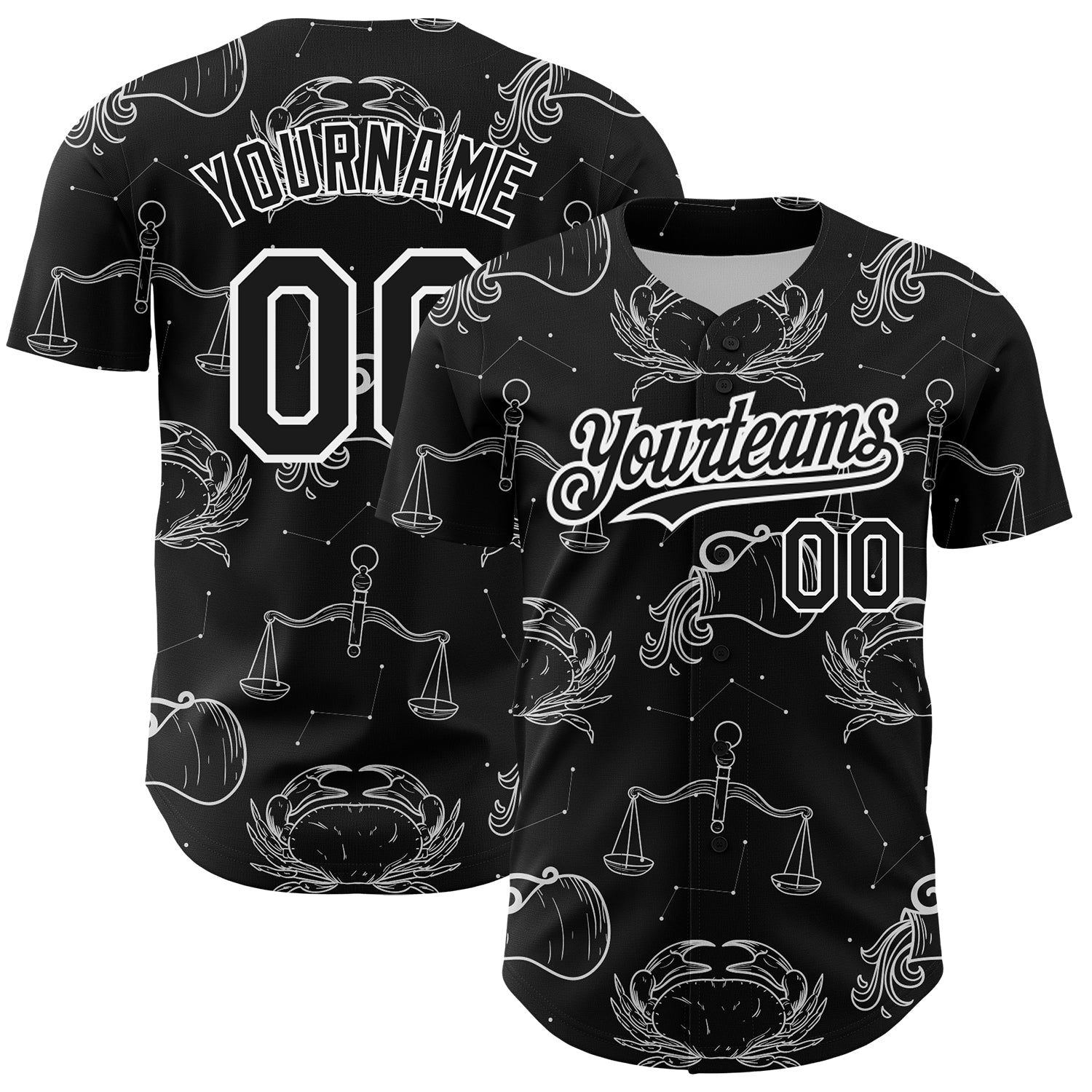 Custom Black White 3D Pattern Design Zodiac Authentic Baseball Jersey - Main View