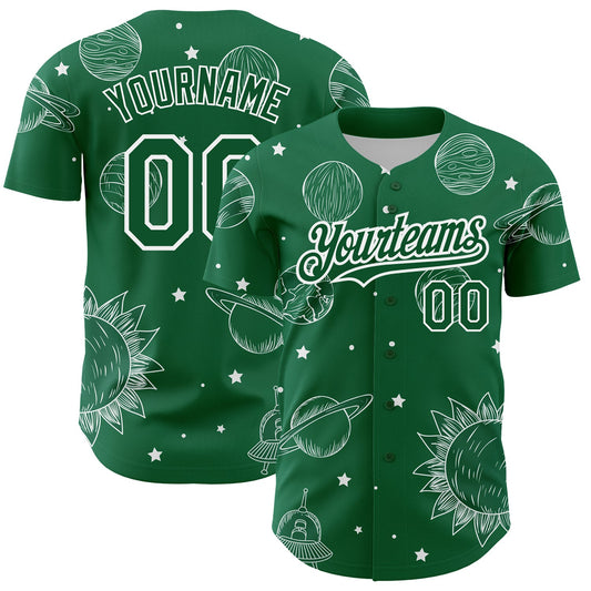 Custom Kelly Green White 3D Pattern Design Planets Authentic Baseball Jersey - Main View