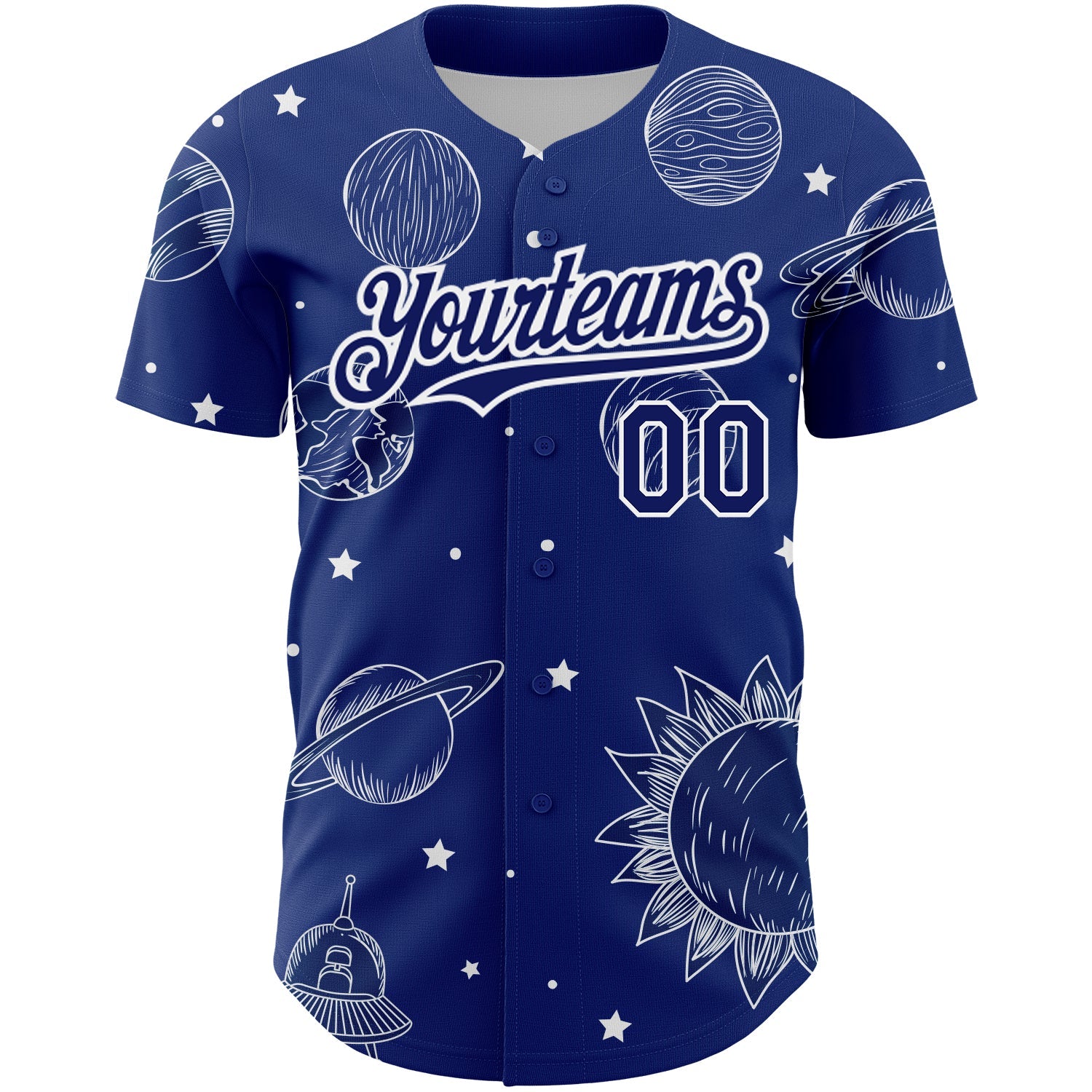 Custom Royal White 3D Pattern Design Planets Authentic Baseball Jersey view 2