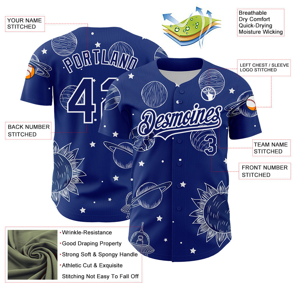 Custom Royal White 3D Pattern Design Planets Authentic Baseball Jersey view 3