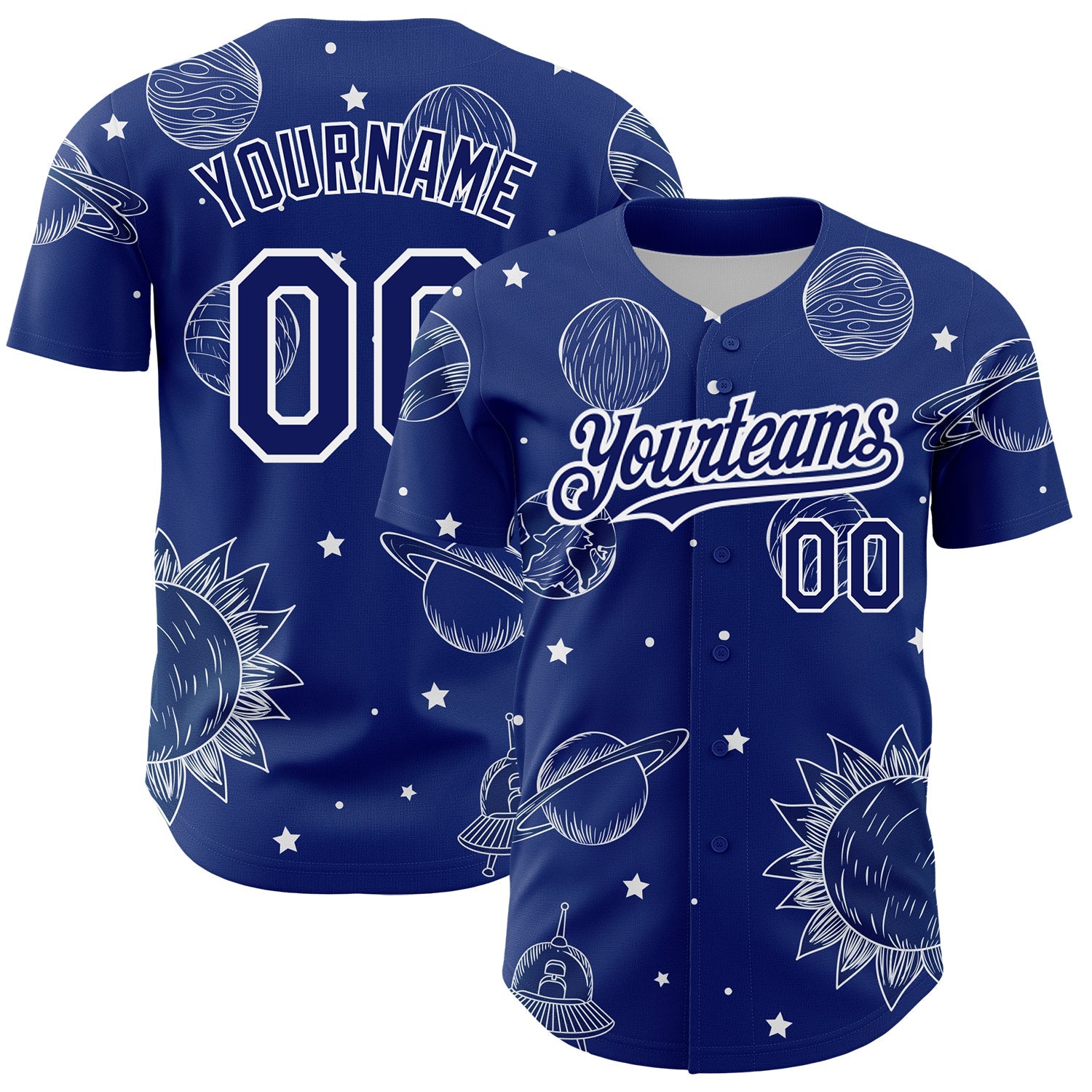 Custom Royal White 3D Pattern Design Planets Authentic Baseball Jersey - Main View