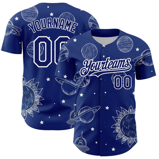 Custom Royal White 3D Pattern Design Planets Authentic Baseball Jersey - Main View