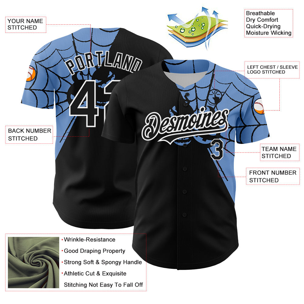 Custom Black Light Blue-White 3D Pattern Design Spider Web Authentic Baseball Jersey view 3