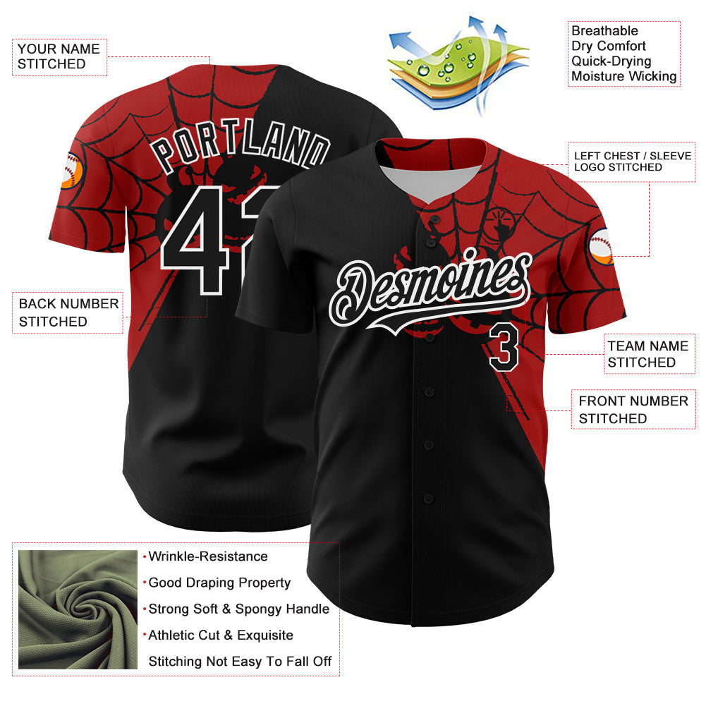 Custom Black Red-White 3D Pattern Design Spider Web Authentic Baseball Jersey view 3