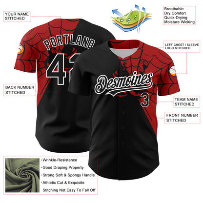 Custom Black Red-White 3D Pattern Design Spider Web Authentic Baseball Jersey view 3
