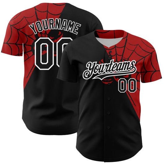 Custom Black Red-White 3D Pattern Design Spider Web Authentic Baseball Jersey - Main View