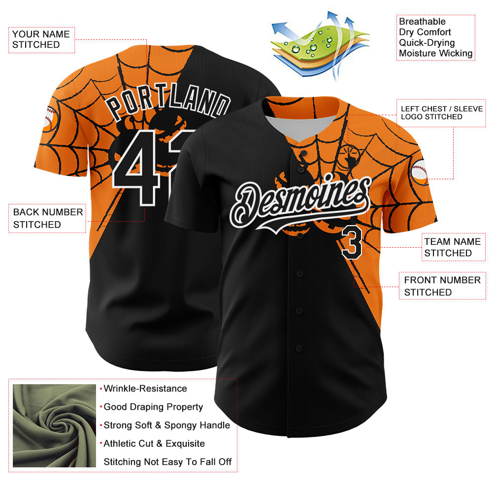 Custom Black Bay Orange-White 3D Pattern Design Spider Web Authentic Baseball Jersey view 3