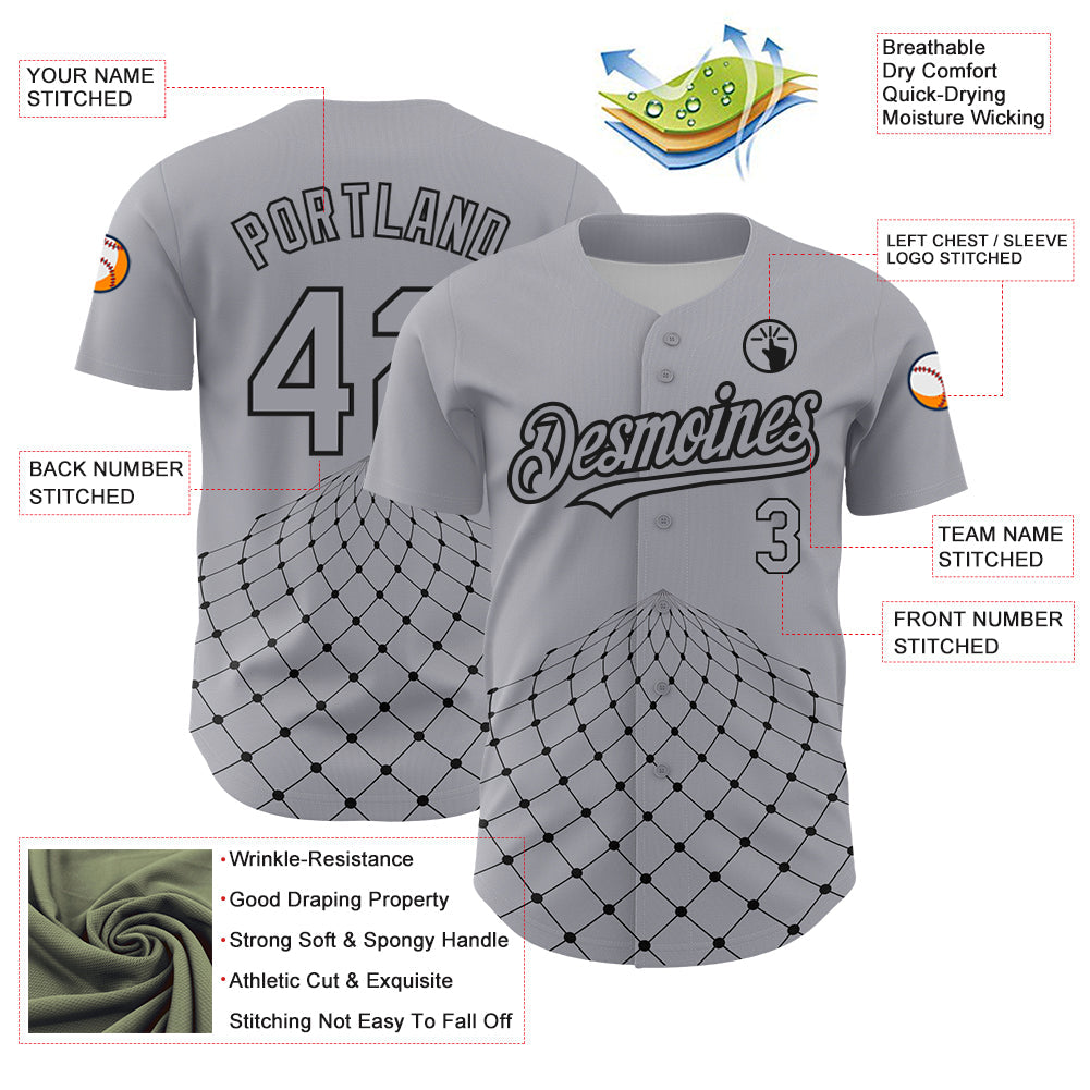 Custom Gray Black 3D Pattern Design Geometric Grid Authentic Baseball Jersey view 3