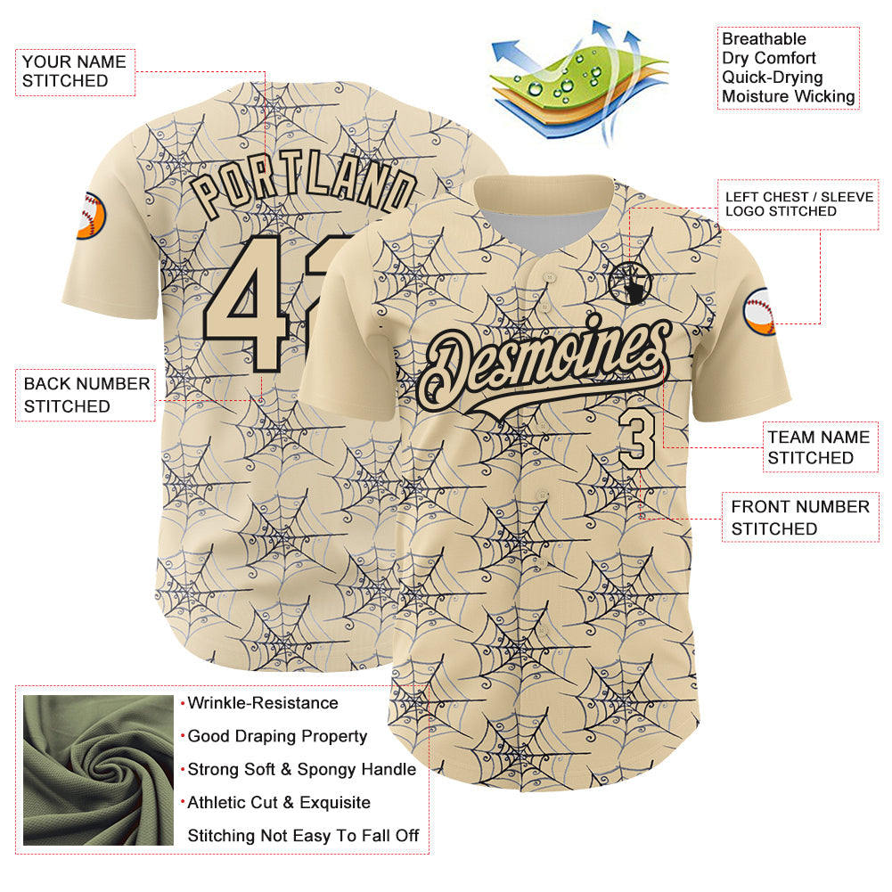 Custom Cream Black 3D Pattern Design Spider Web Authentic Baseball Jersey view 3