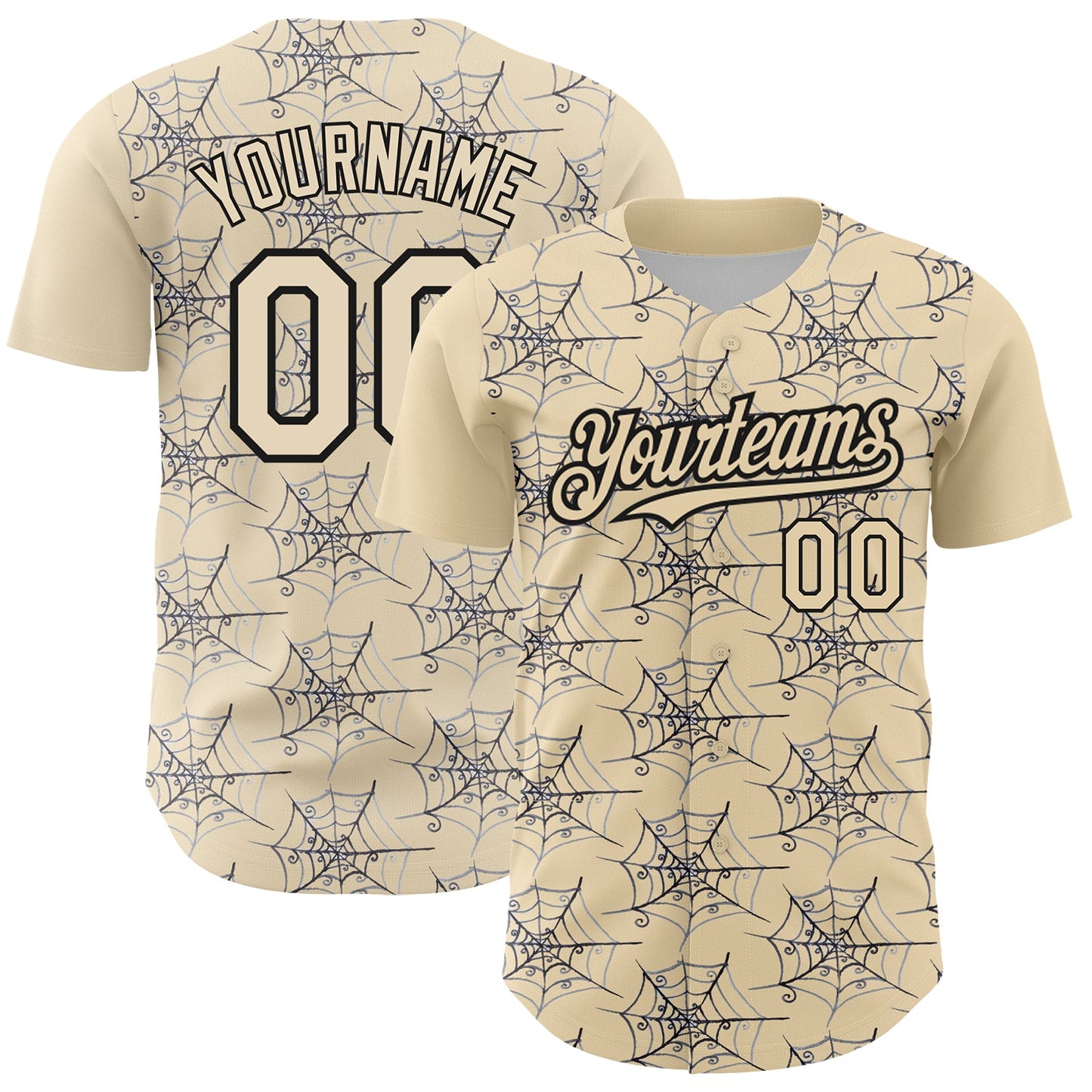 Custom Cream Black 3D Pattern Design Spider Web Authentic Baseball Jersey - Main View