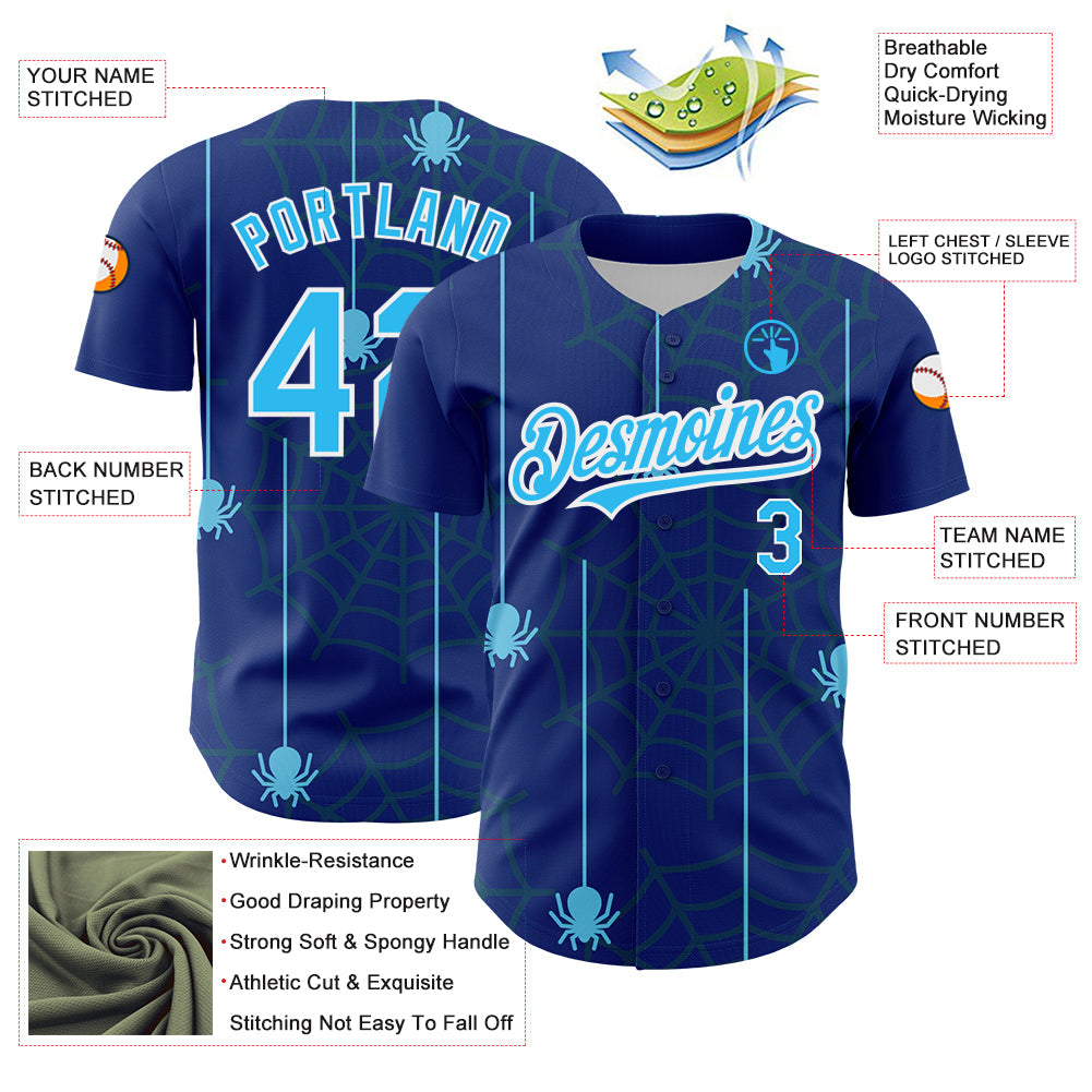Custom Royal Sky Blue-White 3D Pattern Design Spider Web Authentic Baseball Jersey view 3