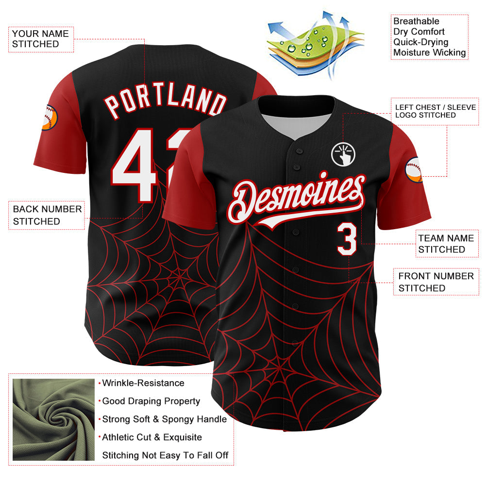 Custom Black White-Red 3D Pattern Design Spider Web Authentic Baseball Jersey view 3