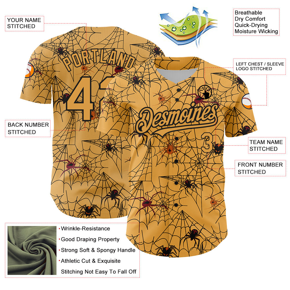 Custom Gold Black 3D Pattern Design Spider Web Authentic Baseball Jersey view 3