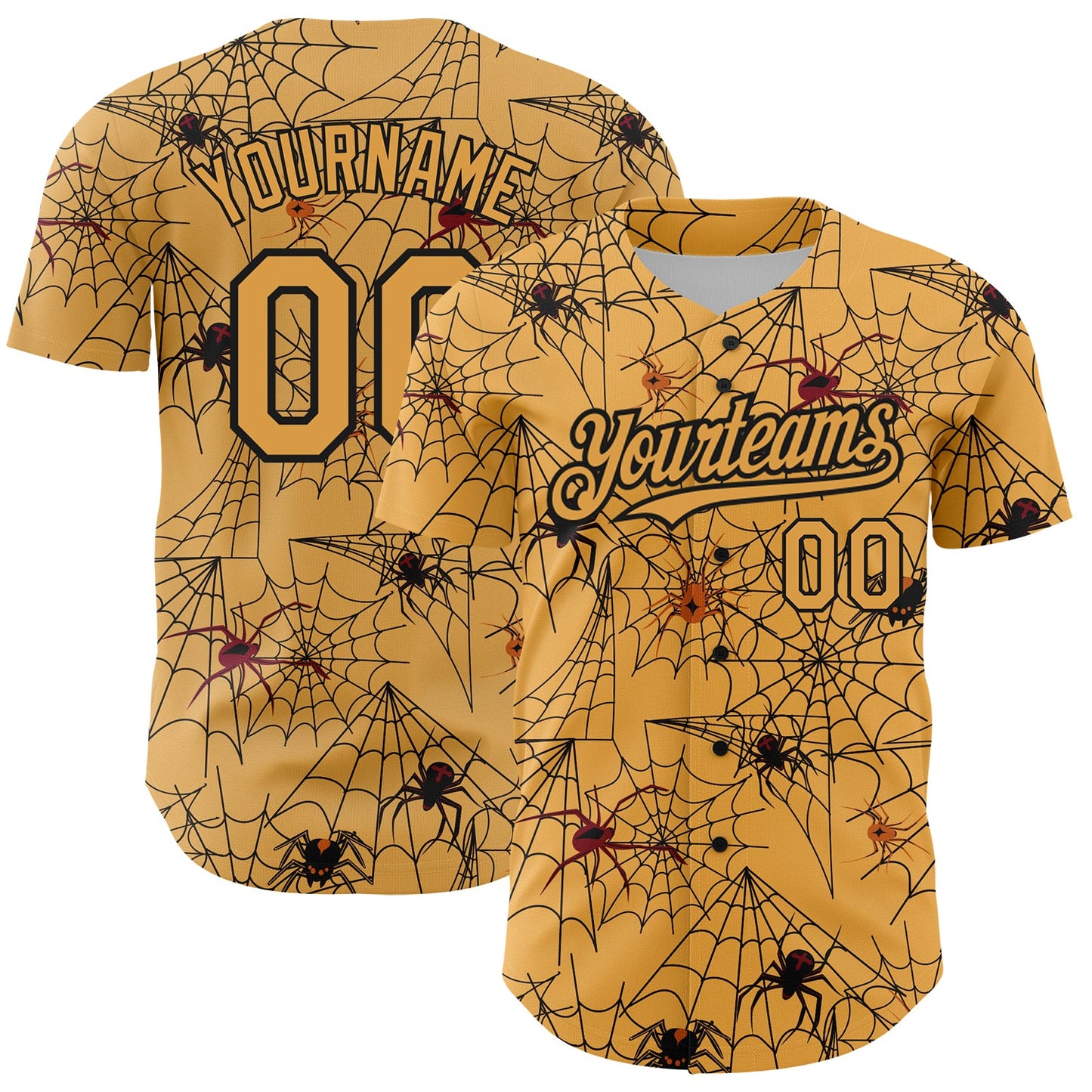 Custom Gold Black 3D Pattern Design Spider Web Authentic Baseball Jersey - Main View