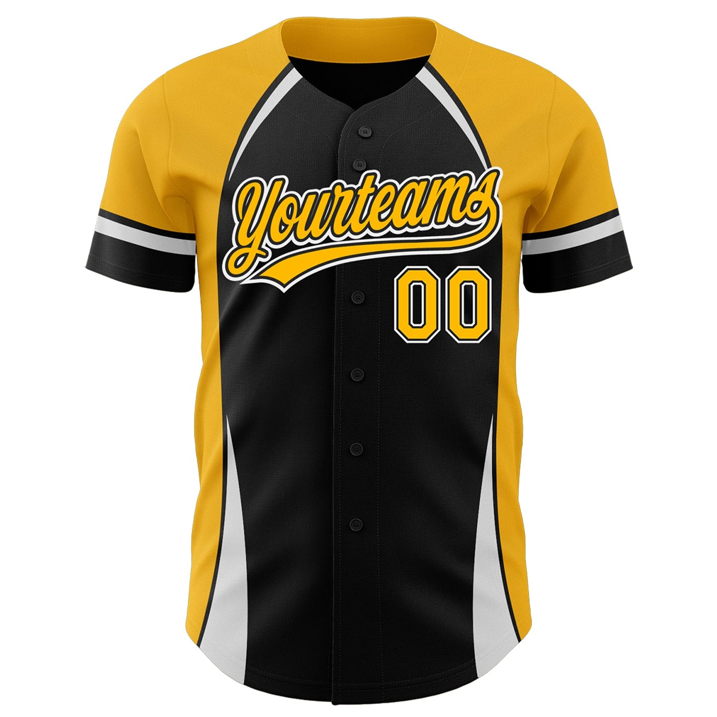 Custom Black Gold-White 3D Pattern Design Curve Solid Authentic Baseball Jersey view 2