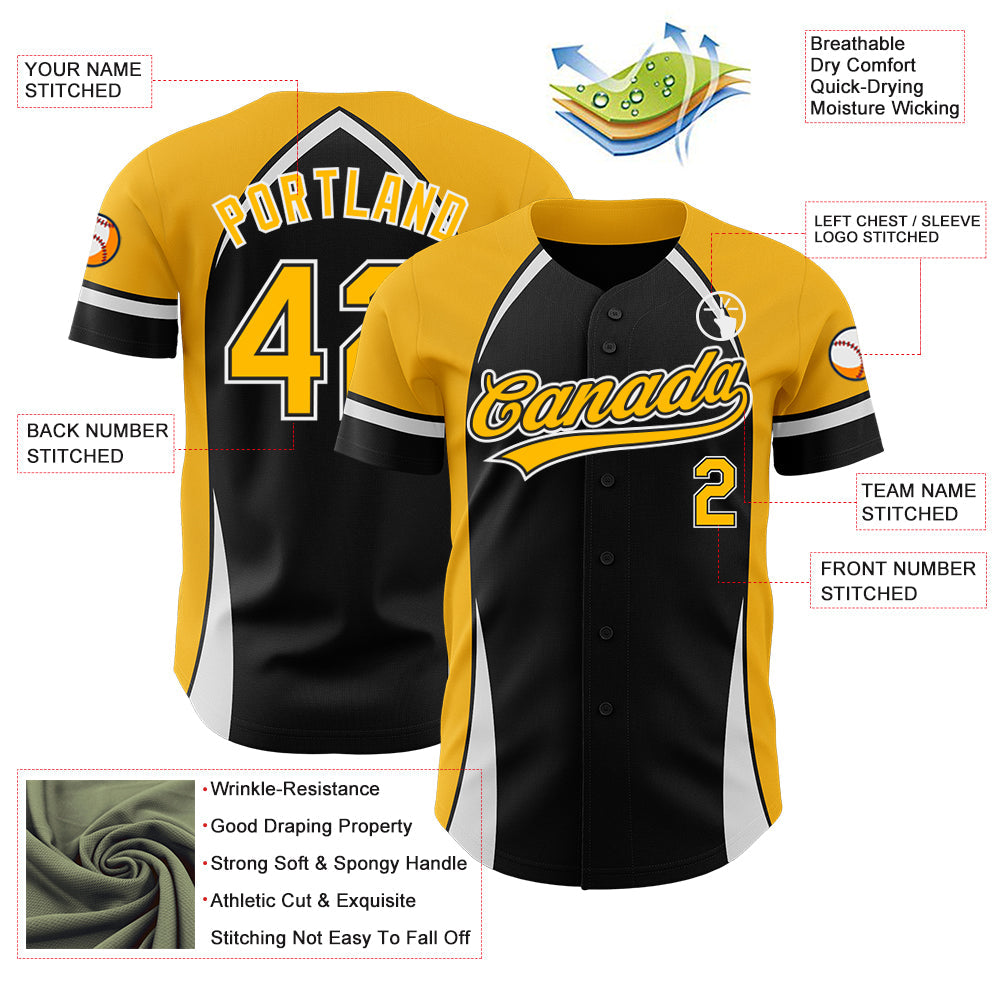Custom Black Gold-White 3D Pattern Design Curve Solid Authentic Baseball Jersey view 3
