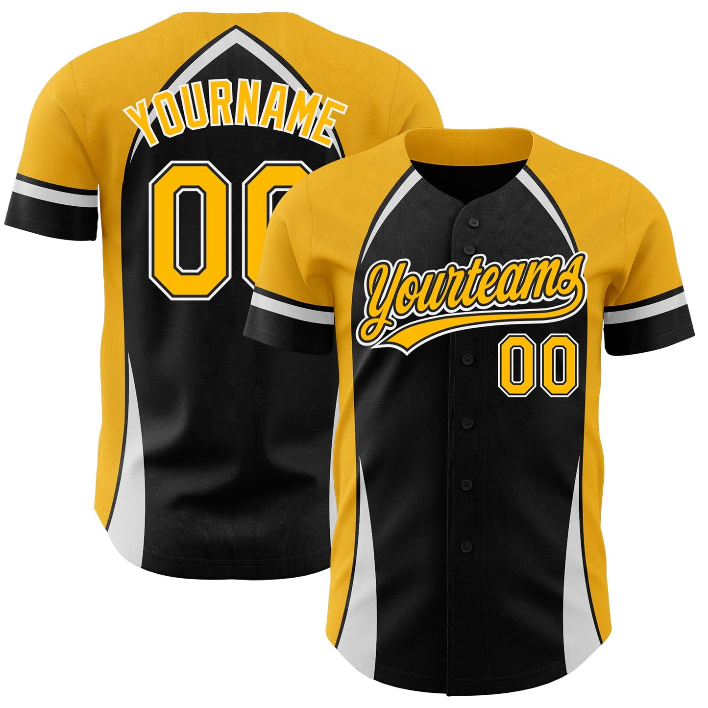 Custom Black Gold-White 3D Pattern Design Curve Solid Authentic Baseball Jersey - Main View