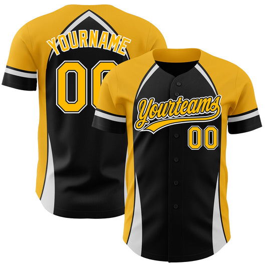Custom Black Gold-White 3D Pattern Design Curve Solid Authentic Baseball Jersey - Main View