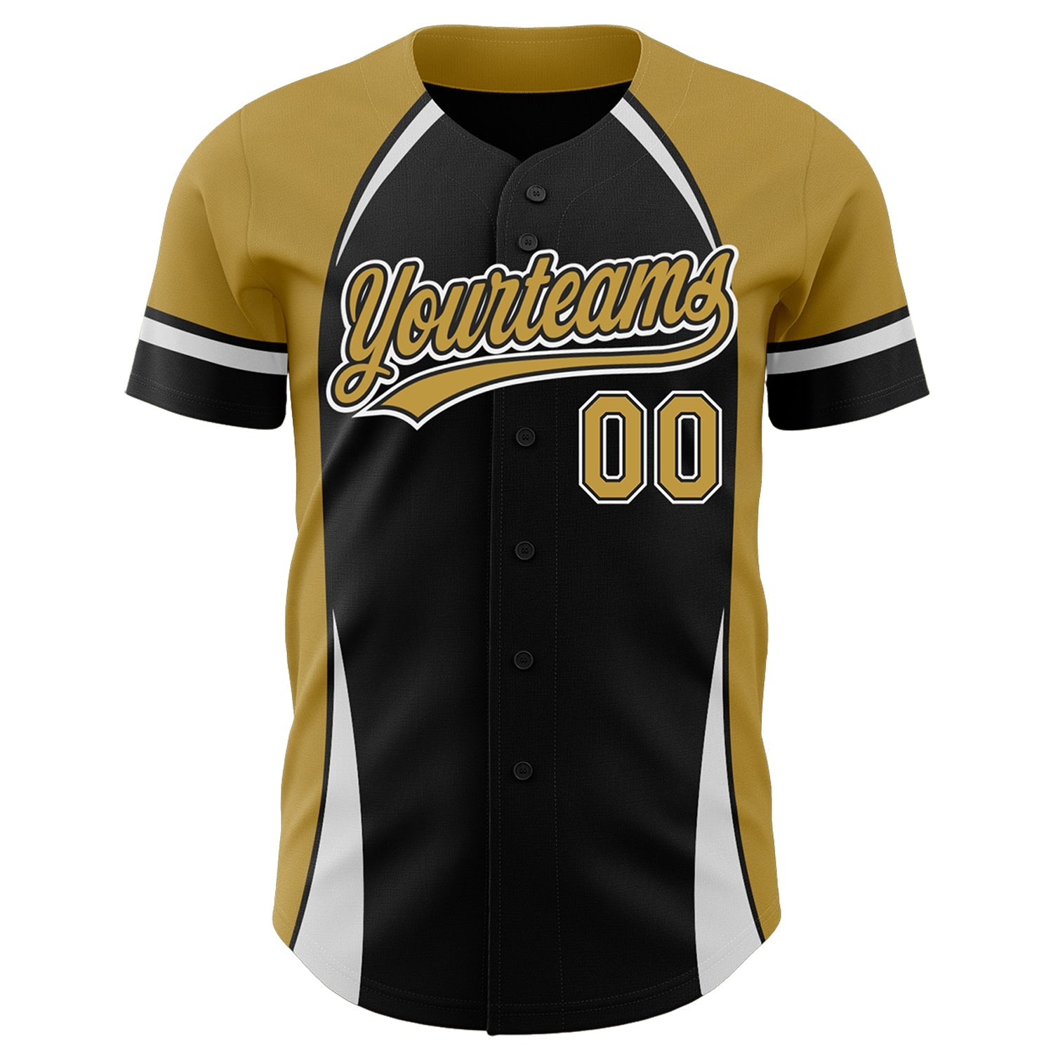 Custom Black Old Gold-White 3D Pattern Design Curve Solid Authentic Baseball Jersey view 2