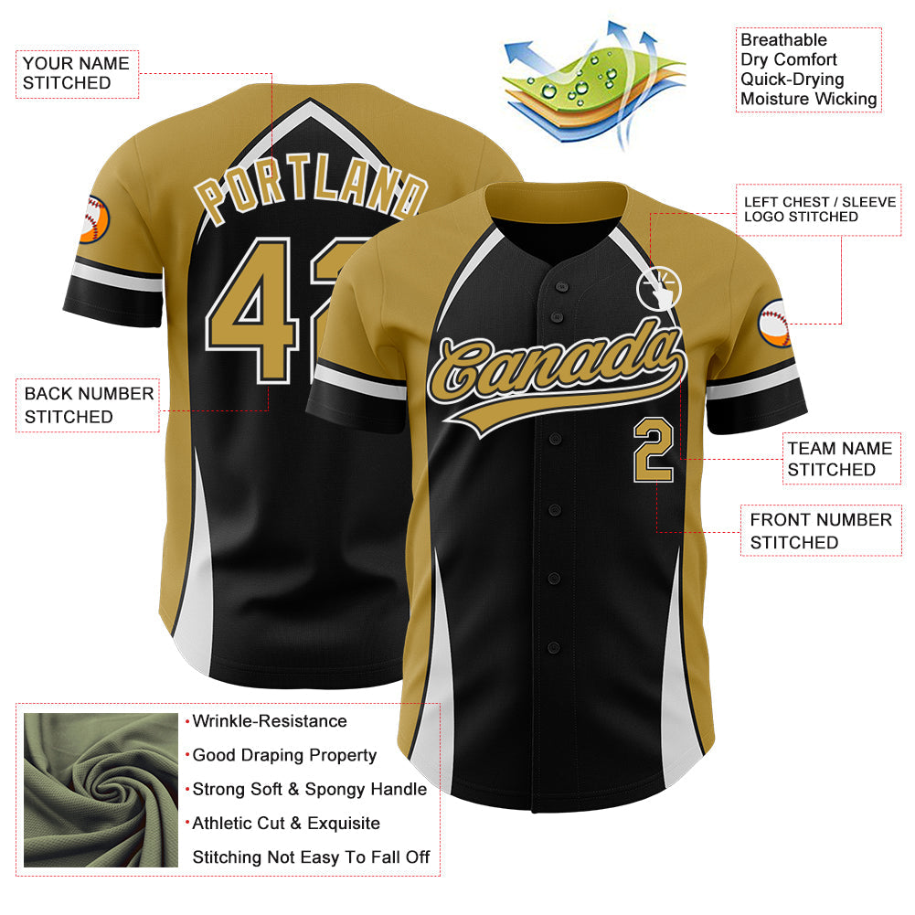 Custom Black Old Gold-White 3D Pattern Design Curve Solid Authentic Baseball Jersey view 3
