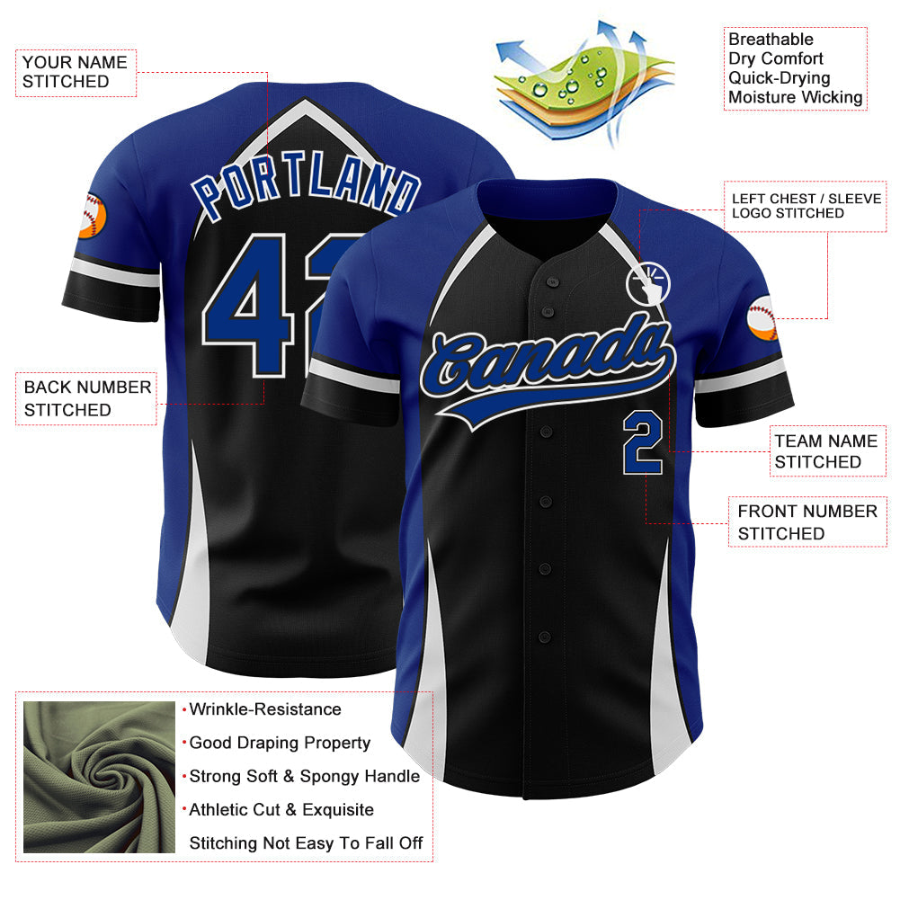 Custom Black Royal-White 3D Pattern Design Curve Solid Authentic Baseball Jersey view 3