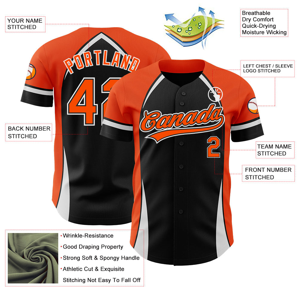 Custom Black Orange-White 3D Pattern Design Curve Solid Authentic Baseball Jersey view 3