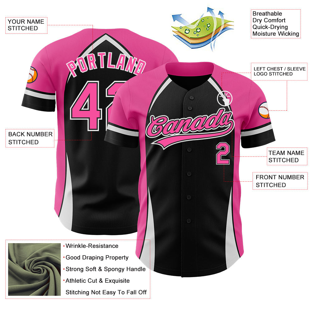 Custom Black Pink-White 3D Pattern Design Curve Solid Authentic Baseball Jersey view 3
