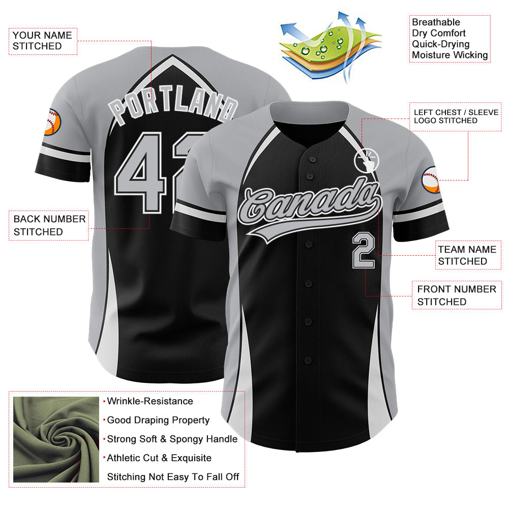 Custom Black Gray-White 3D Pattern Design Curve Solid Authentic Baseball Jersey view 3