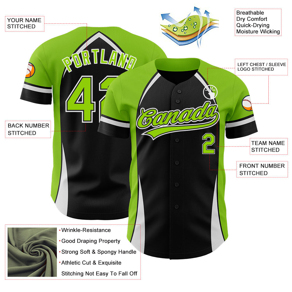 Custom Black Neon Green-White 3D Pattern Design Curve Solid Authentic Baseball Jersey view 3