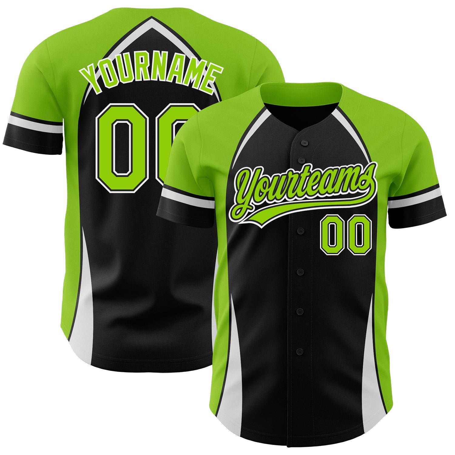 Custom Black Neon Green-White 3D Pattern Design Curve Solid Authentic Baseball Jersey - Main View