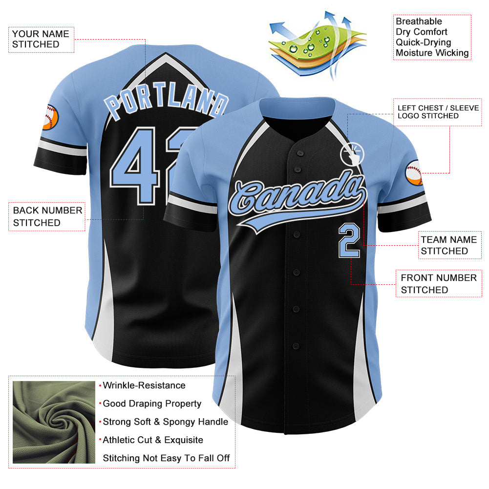 Custom Black Light Blue-White 3D Pattern Design Curve Solid Authentic Baseball Jersey view 3