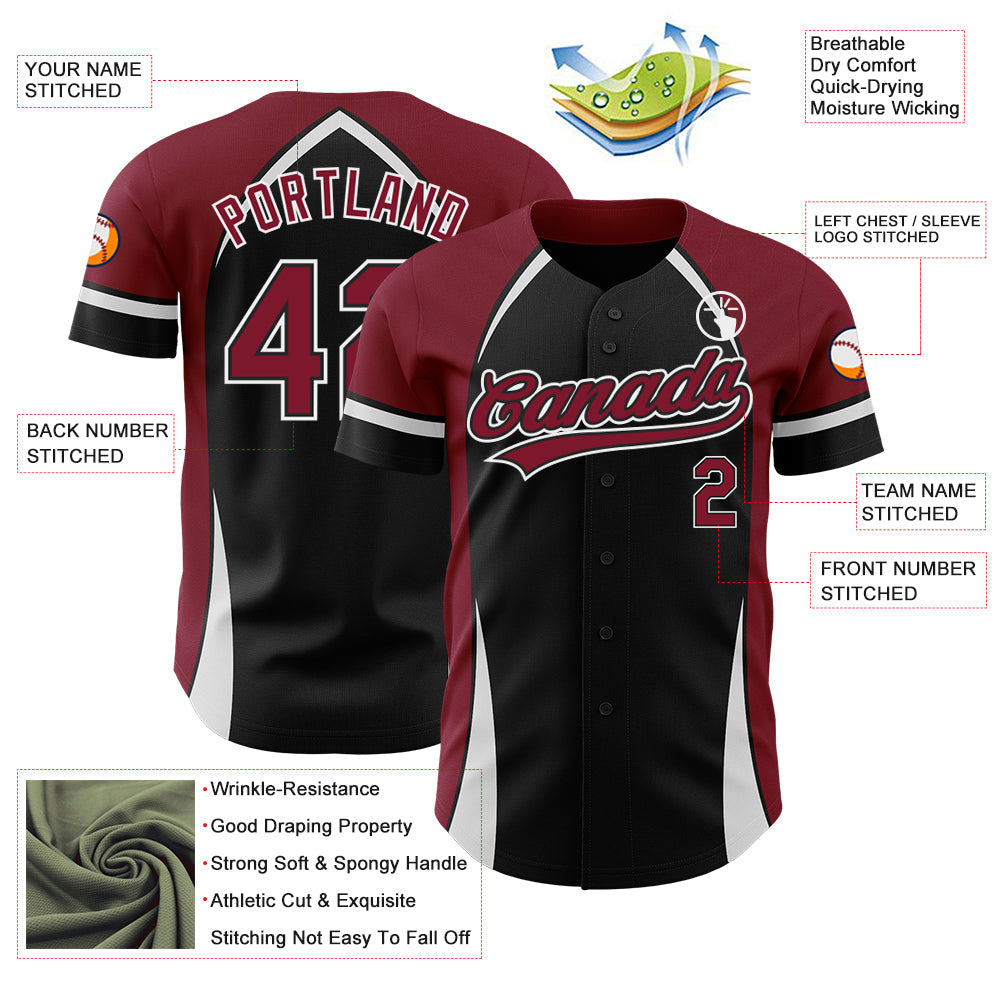 Custom Black Crimson-White 3D Pattern Design Curve Solid Authentic Baseball Jersey view 3