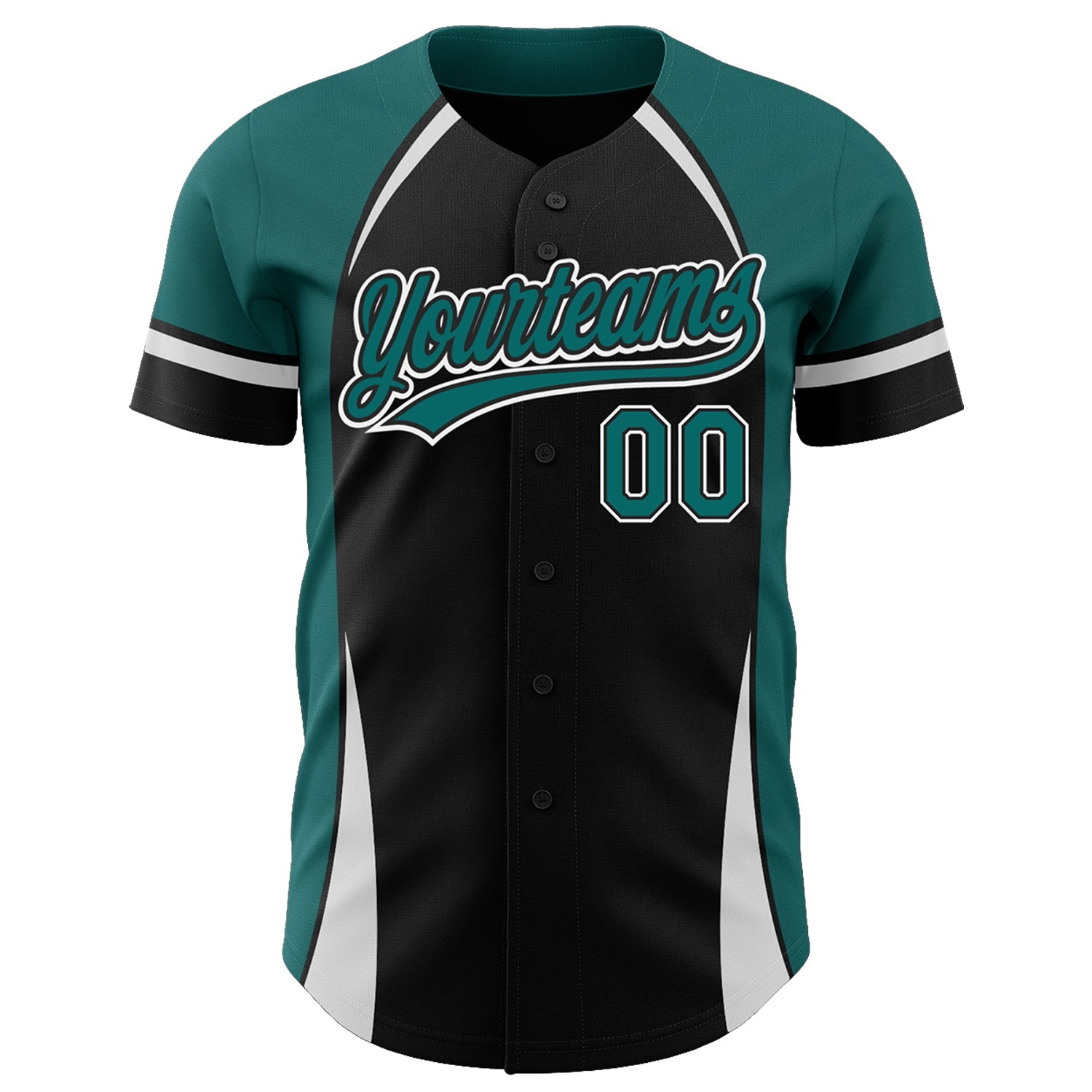 Custom Black Teal-White 3D Pattern Design Curve Solid Authentic Baseball Jersey view 2