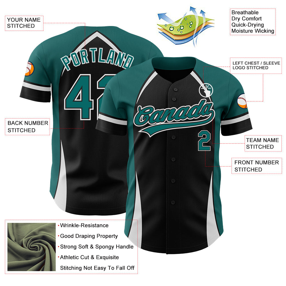 Custom Black Teal-White 3D Pattern Design Curve Solid Authentic Baseball Jersey view 3