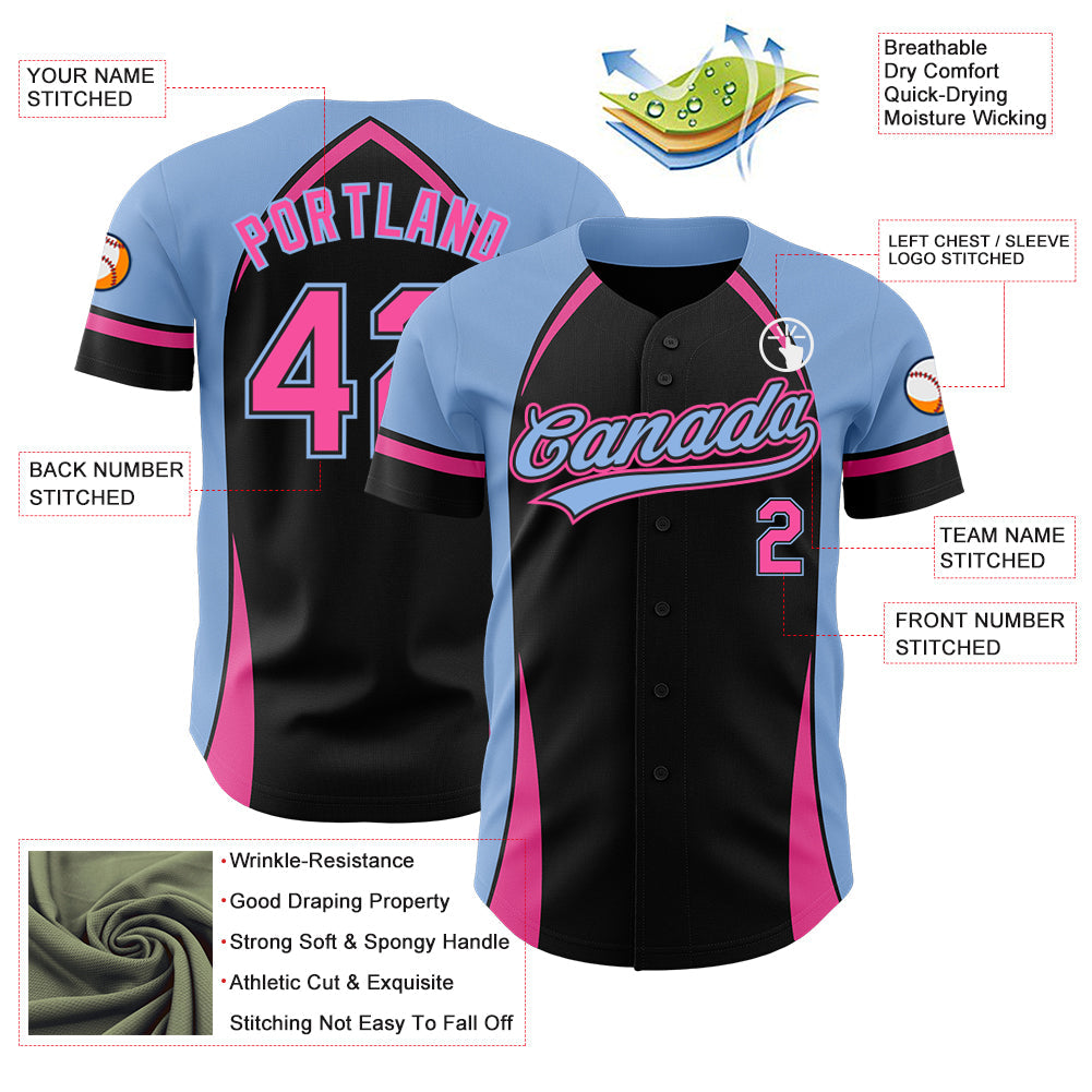 Custom Black Pink-Light Blue 3D Pattern Design Curve Solid Authentic Baseball Jersey view 3