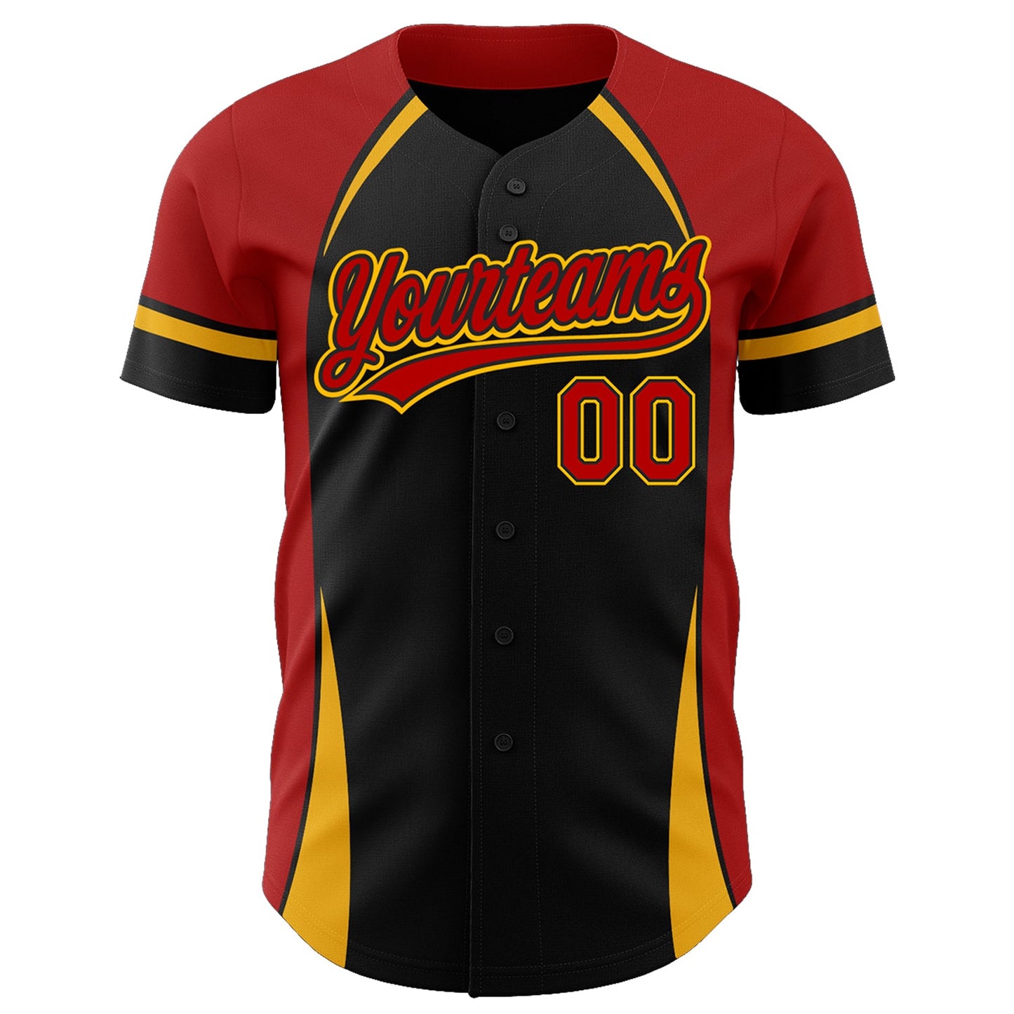 Custom Black Red-Gold 3D Pattern Design Curve Solid Authentic Baseball Jersey view 2
