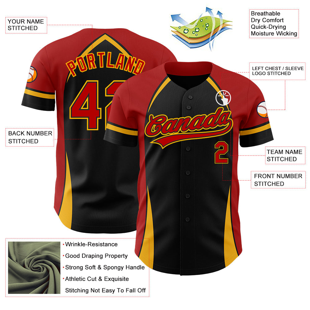 Custom Black Red-Gold 3D Pattern Design Curve Solid Authentic Baseball Jersey view 3