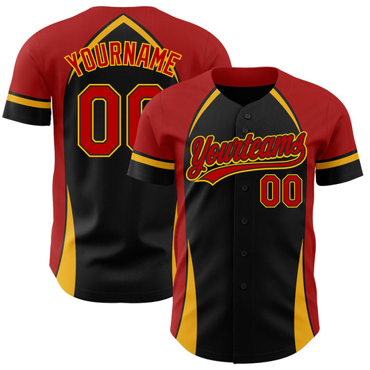 Custom Black Red-Gold 3D Pattern Design Curve Solid Authentic Baseball Jersey - Main View