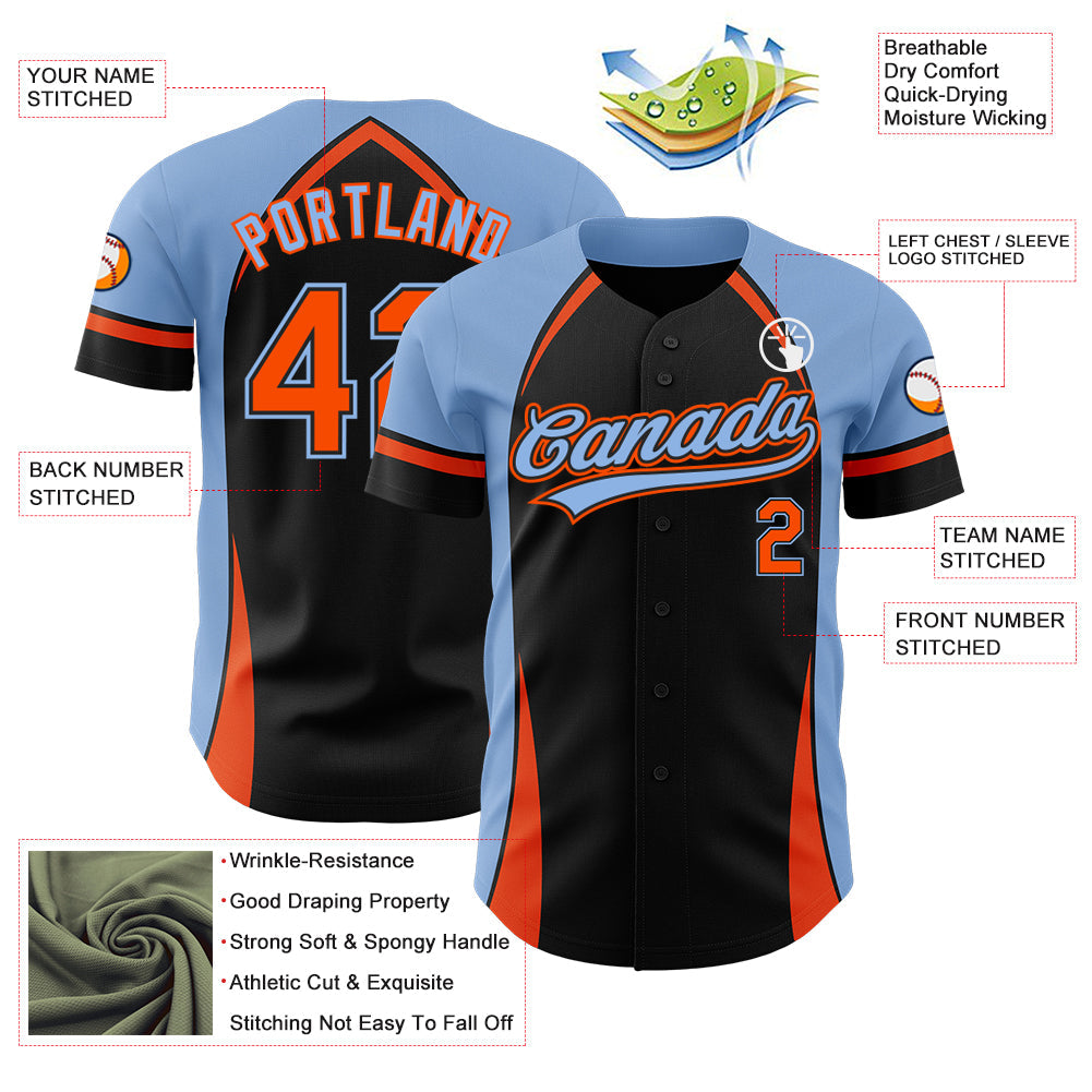Custom Black Orange-Powder Blue 3D Pattern Design Curve Solid Authentic Baseball Jersey view 3