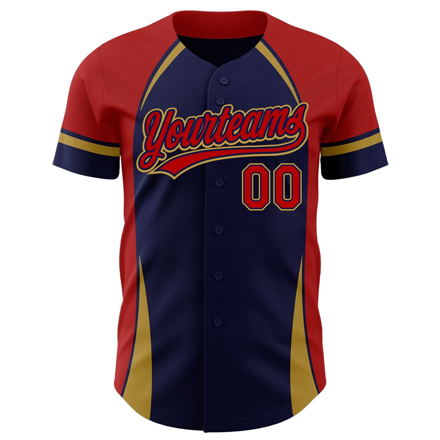 Custom Navy Red-Old Gold 3D Pattern Design Curve Solid Authentic Baseball Jersey view 2
