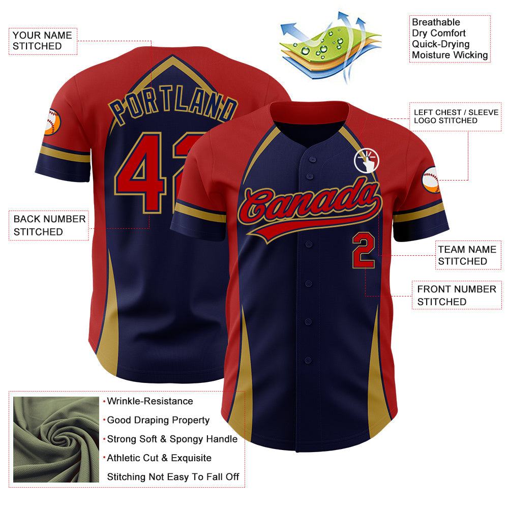 Custom Navy Red-Old Gold 3D Pattern Design Curve Solid Authentic Baseball Jersey view 3
