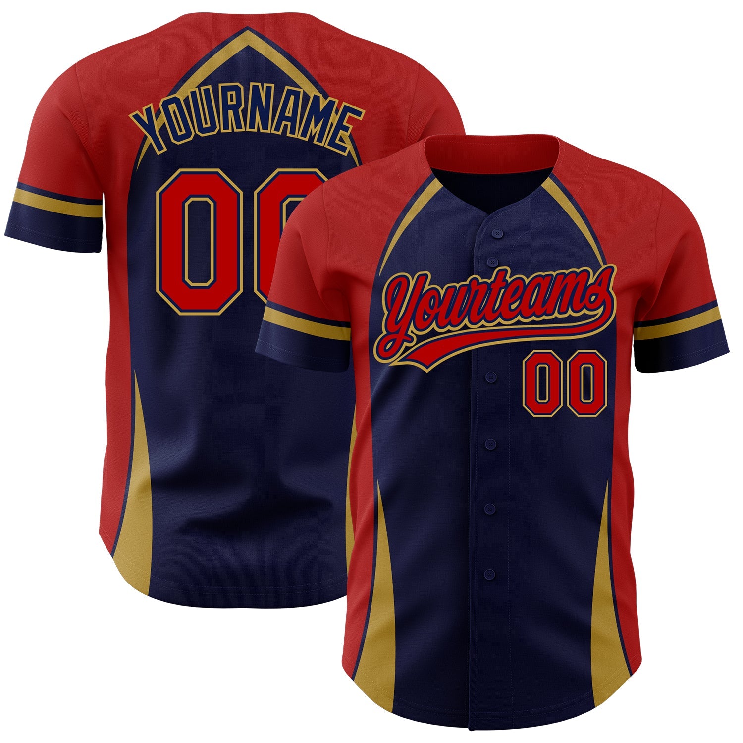 Custom Navy Red-Old Gold 3D Pattern Design Curve Solid Authentic Baseball Jersey - Main View