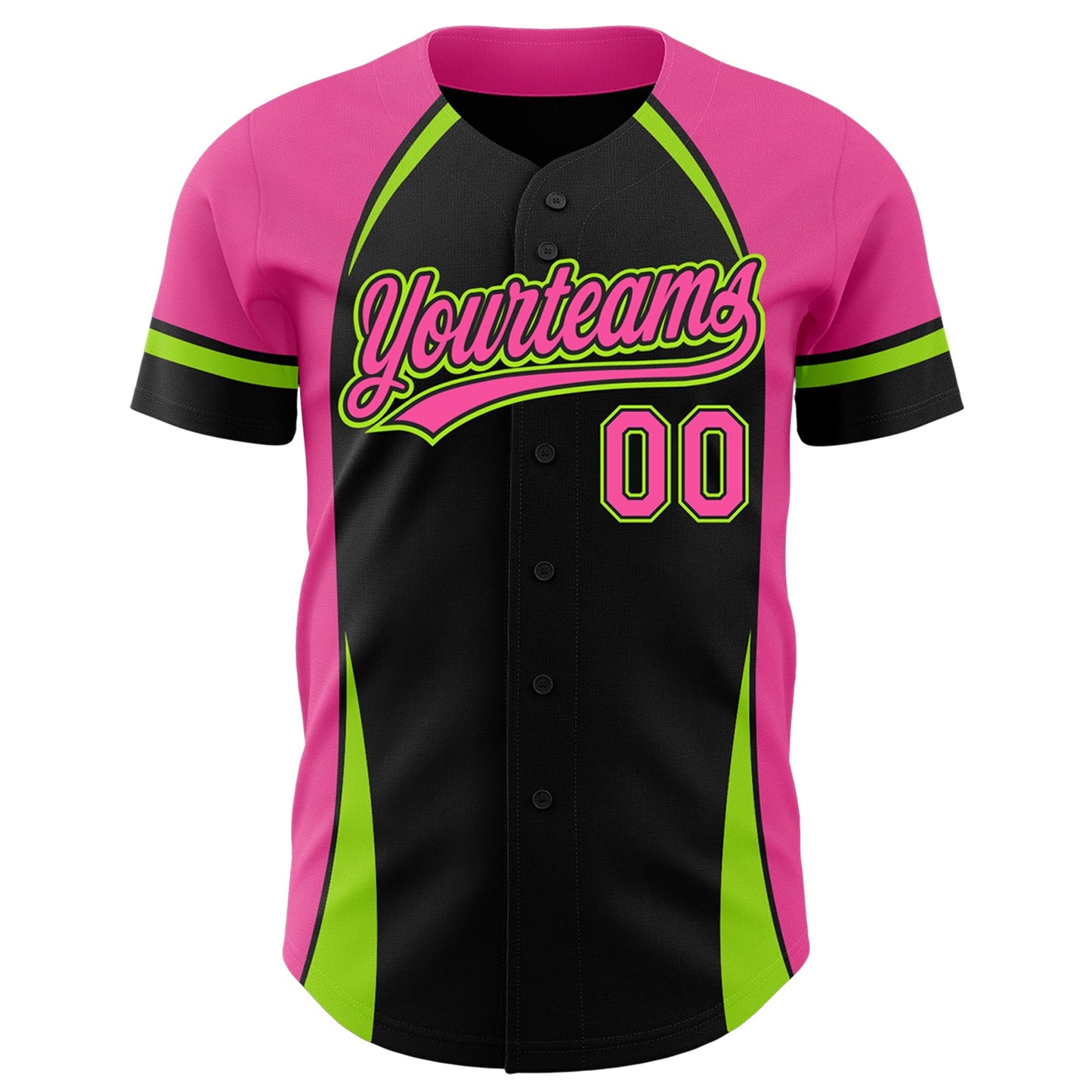 Custom Black Pink-Neon Green 3D Pattern Design Curve Solid Authentic Baseball Jersey view 2