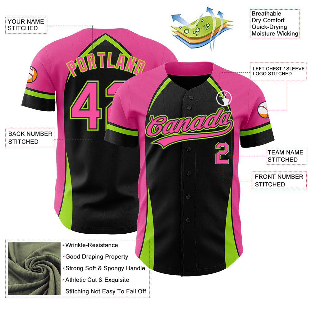 Custom Black Pink-Neon Green 3D Pattern Design Curve Solid Authentic Baseball Jersey view 3