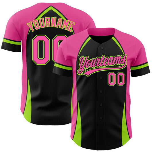 Custom Black Pink-Neon Green 3D Pattern Design Curve Solid Authentic Baseball Jersey - Main View