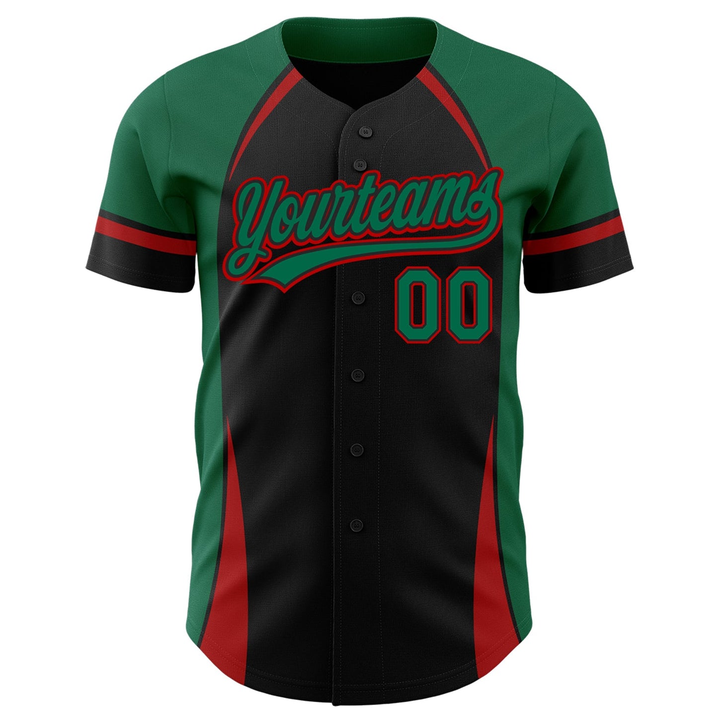 Custom Black Kelly Green-Red 3D Pattern Design Curve Solid Authentic Baseball Jersey view 2