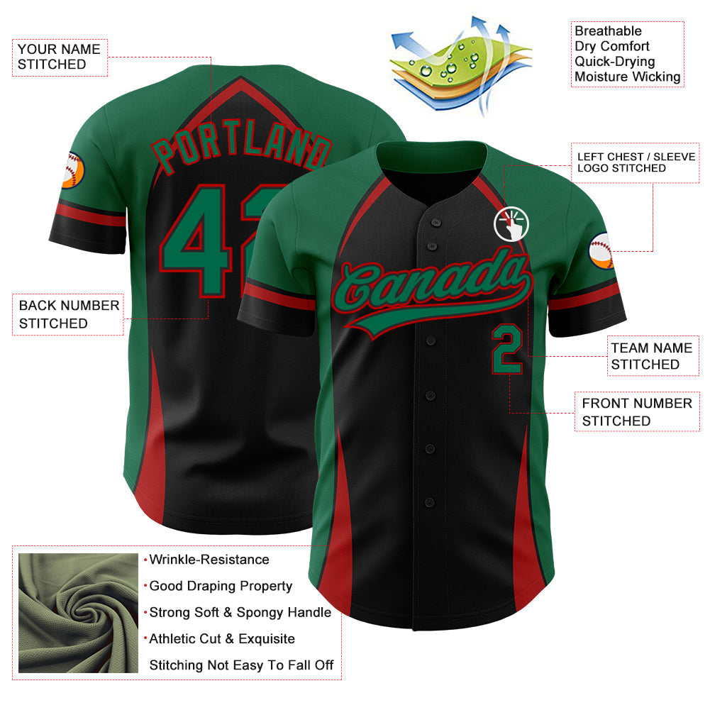Custom Black Kelly Green-Red 3D Pattern Design Curve Solid Authentic Baseball Jersey view 3