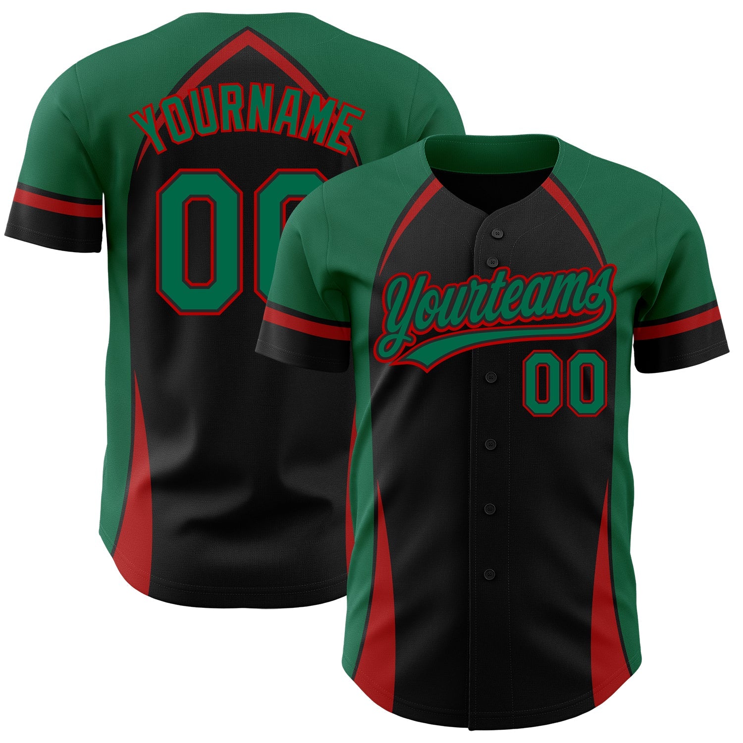 Custom Black Kelly Green-Red 3D Pattern Design Curve Solid Authentic Baseball Jersey - Main View